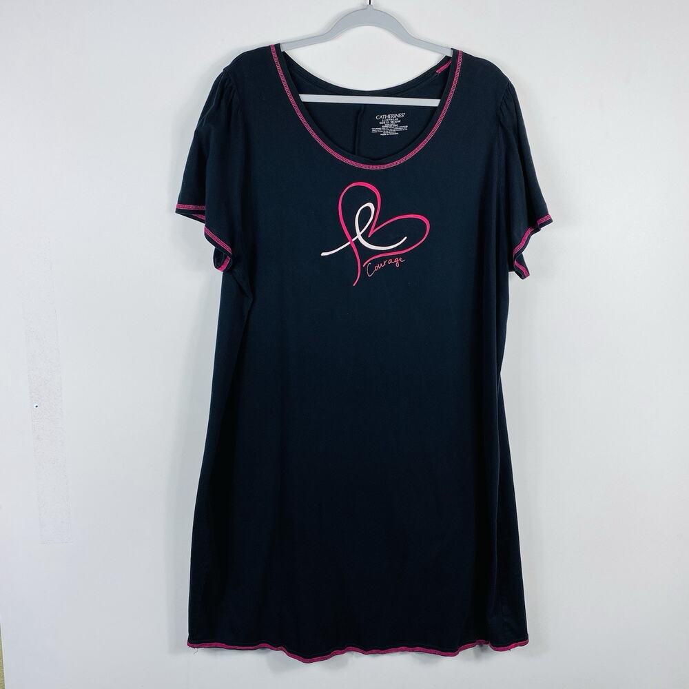Catherines Pajama Dress 1X 18 20 Black Courage Heart 100% Cotton Sleepshirt